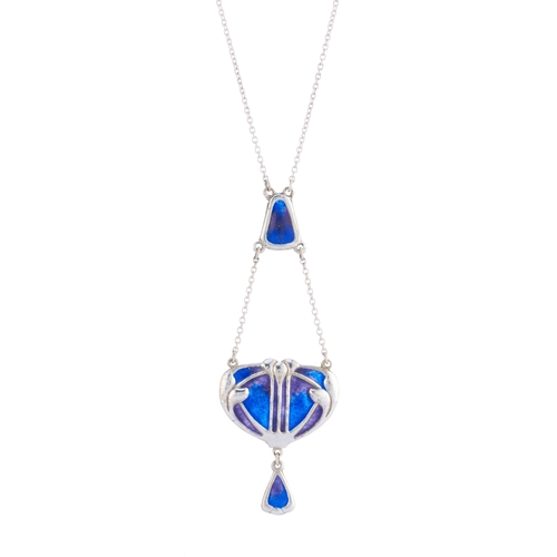 17 - Charles Horner, an Art Nouveau silver, purple and blue enamel foliate pendant, with enamel drop and ... 