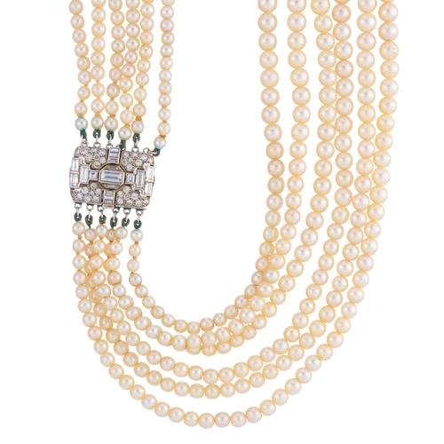 29 - A mid 20th century multi-row graduated cultured pearl choker necklace, with platinum vari-cut diamon... 