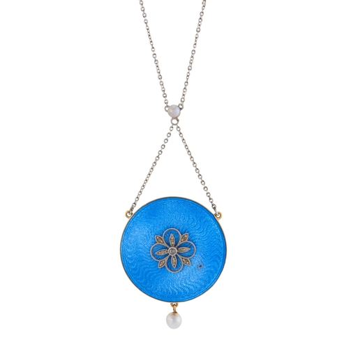 3 - An Edwardian gold, blue guilloche enamel pendant, with rose-cut diamond floral overlay and seed pear... 