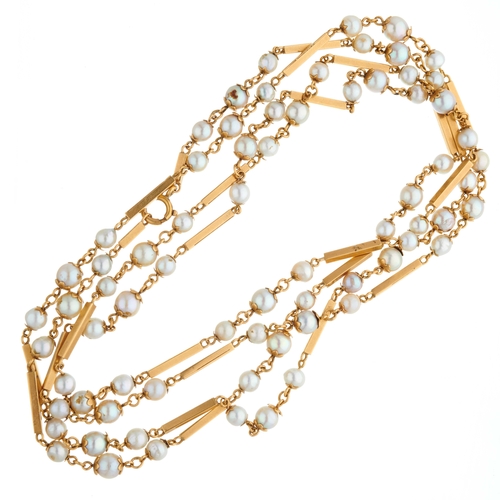 30 - A mid 20th century 18ct gold cultured pearl longuard necklace, with baton-link spacers and spring-ri... 