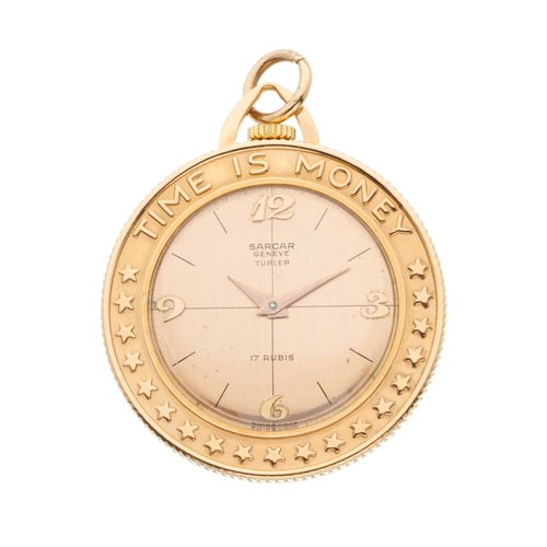 32 - Sarcar Geneve, a 9ct gold 'Time Is Money' coin fob watch, manual wind movement, the reverse depictin... 