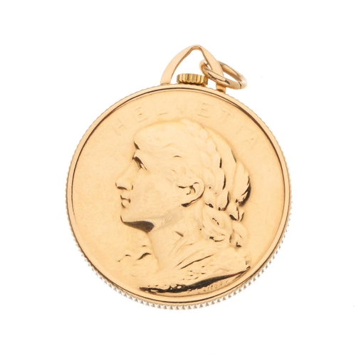 32 - Sarcar Geneve, a 9ct gold 'Time Is Money' coin fob watch, manual wind movement, the reverse depictin... 
