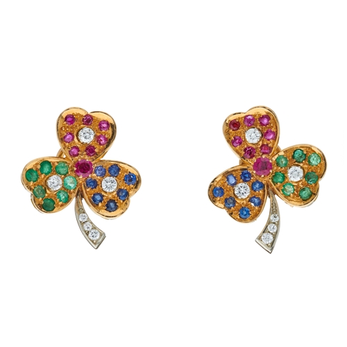 37 - A pair of 18ct gold and platinum, multi-gem shamrock earrings, set throughout with rubies, sapphires... 