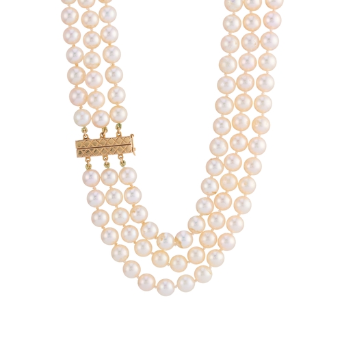 40 - A three-row cultured pearl choker necklace, with 14ct gold sliding clasp, pearls measure approximate... 