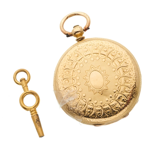 41 - A late 19th century 10ct gold open face pocket watch, with engraved reverse, key wind movement, case... 