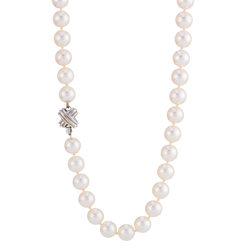 45 - Tiffany & Co., a cultured pearl single-strand Signature necklace, with 18ct gold grooved cross clasp... 