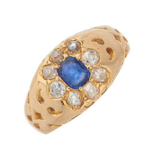 5 - An early 20th century 18ct gold cushion-shape sapphire and old-cut diamond cluster band ring, with p... 