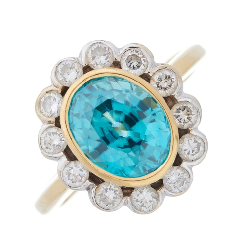 53 - An 18ct gold oval-shape blue zircon and brilliant-cut diamond cluster ring, zircon estimated weight ... 