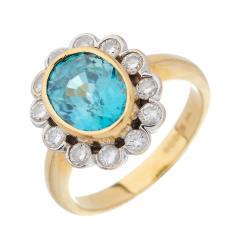 53 - An 18ct gold oval-shape blue zircon and brilliant-cut diamond cluster ring, zircon estimated weight ... 