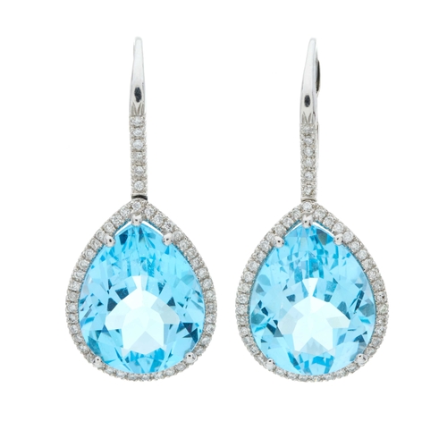 59 - A pair of 14ct gold pear-shape blue topaz and brilliant-cut diamond cluster drop earrings, with simi... 