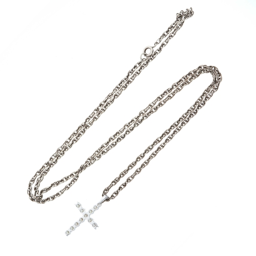 63 - An 18ct gold brilliant-cut diamond cross pendant, suspended from a silver fancy-link chain, estimate... 