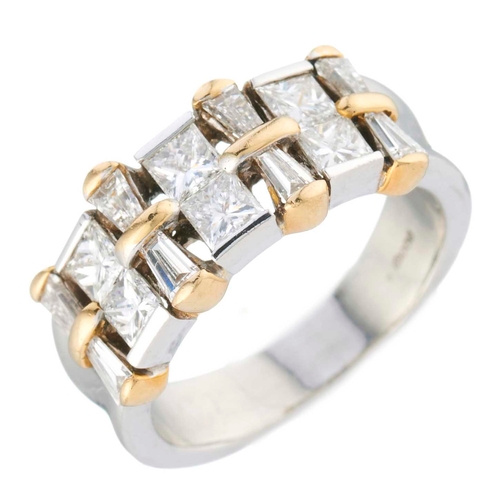 65 - A platinum and 18ct gold square-shape diamond two-row dress ring, with tapered baguette-cut diamond ... 