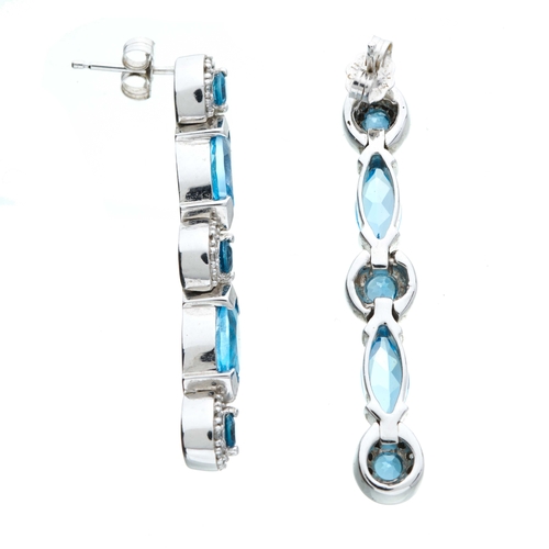 66 - A pair of 14ct gold blue topaz and brilliant-cut diamond cluster drop earrings, with marquise-shape ... 