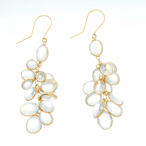 70 - A pair of 14ct gold vari-shape moonstone cabochon cluster drop earrings, with oval-shape moonstone c... 