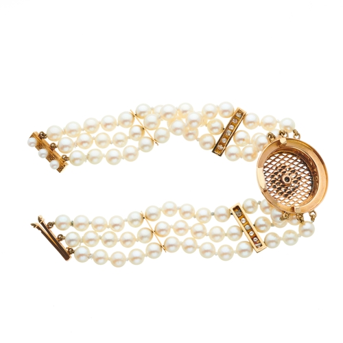 88 - A cultured pearl three-row bracelet, with gold opal cabochon and rose-cut diamond openwork panel, go... 