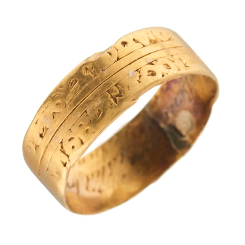 95 - A late 18th to early 19th century 18ct gold maritime mourning ring, with engraved design and partial... 