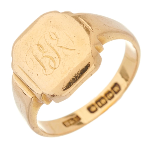 106 - A mid 20th century 18ct gold rectangular-shape signet ring, with engraved initials and slightly tape... 