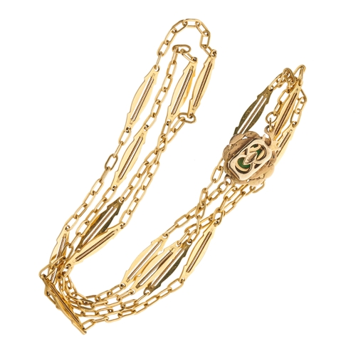 110 - A mid 20th century 18ct gold fancy-link longuard chain, with 9ct gold green gem cabochon clasp, chai... 