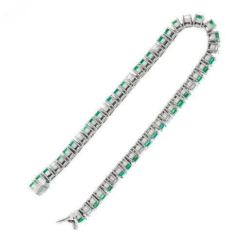 115 - A mid 20th century 18ct gold square-shape emerald line bracelet, with square-shape diamond highlight... 