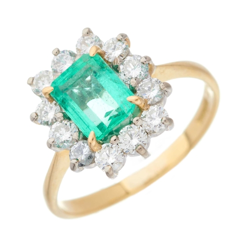 123 - An 18ct gold emerald and brilliant-cut diamond cluster ring, emerald estimated weight 0.85ct, estima... 