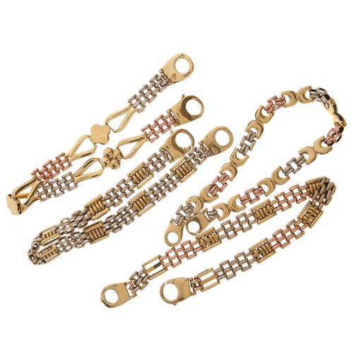 135 - Four 9ct gold bracelets, each with lobster clasp terminals, marks to indicate 9ct gold, lengths 20.4... 