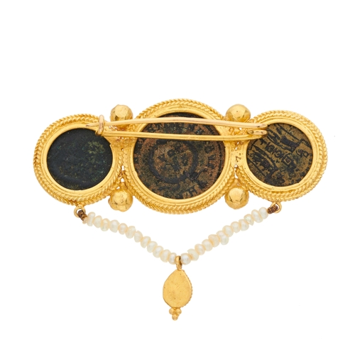 138 - A high carat gold, antique coin, seed pearl and pear-shape ruby cabochon brooch, length 5.4cm, 16.1g