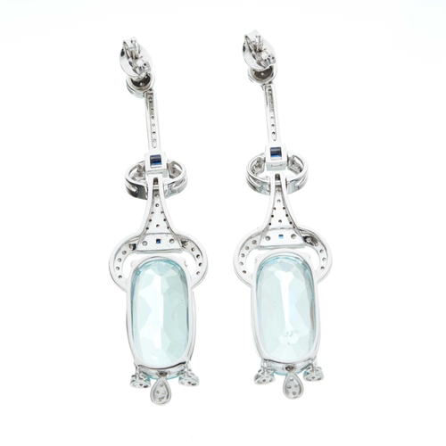 145 - A pair of 18ct gold aquamarine and diamond articulated drop earrings, with square-shape sapphire duo... 