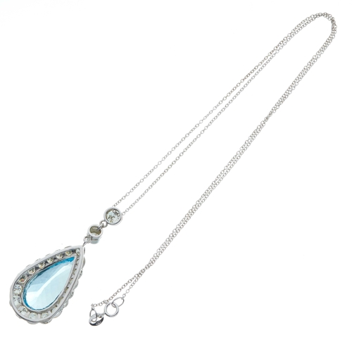 148 - An 18ct gold aquamarine and brilliant-cut diamond cluster drop pendant, with similarly-cut diamond d... 