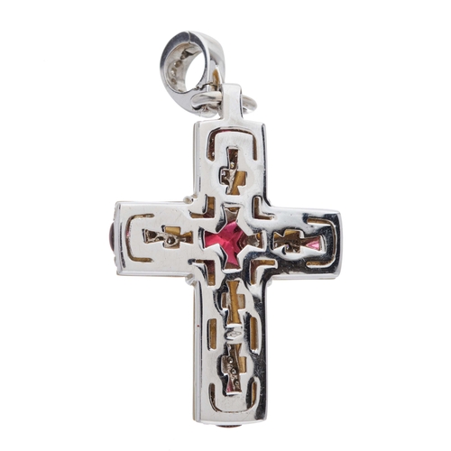 153 - Mappin & Webb, an 18ct gold mother-of-pearl, brilliant-cut diamond and red gem cross pendant, estima... 