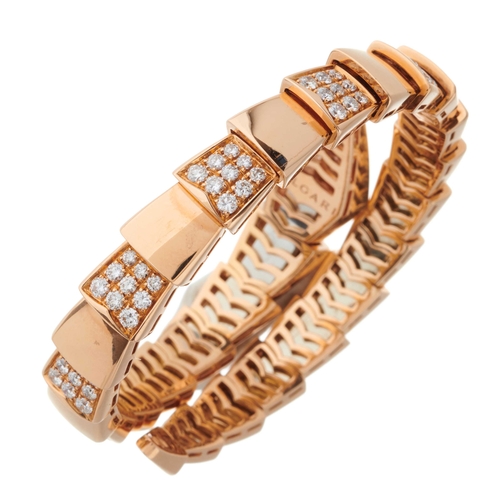 167 - Bulgari, an 18ct rose gold Serpenti Viper flexible bangle bracelet, demi-pave set throughout with br... 