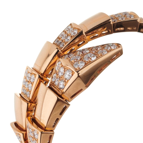 167 - Bulgari, an 18ct rose gold Serpenti Viper flexible bangle bracelet, demi-pave set throughout with br... 