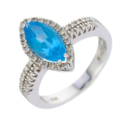 171 - A 14ct gold blue topaz and brilliant-cut diamond cluster dress ring, with similarly-cut diamond line... 