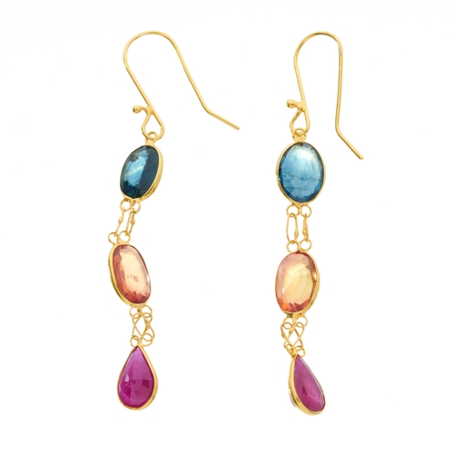 172 - A pair of 14ct gold vari-hue sapphire drop earrings, with oval-shape double spacers and hook fitting... 