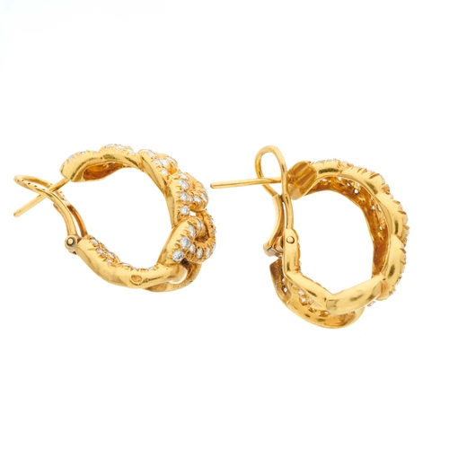 176 - A pair of 18ct gold brilliant-cut diamond hoop earrings, of openwork woven design, estimated total d... 