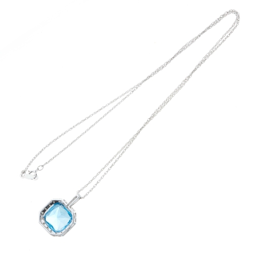 180 - A 14ct gold blue topaz and single-cut diamond cluster pendant, suspended from a 14ct gold fancy-link... 