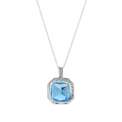 180 - A 14ct gold blue topaz and single-cut diamond cluster pendant, suspended from a 14ct gold fancy-link... 