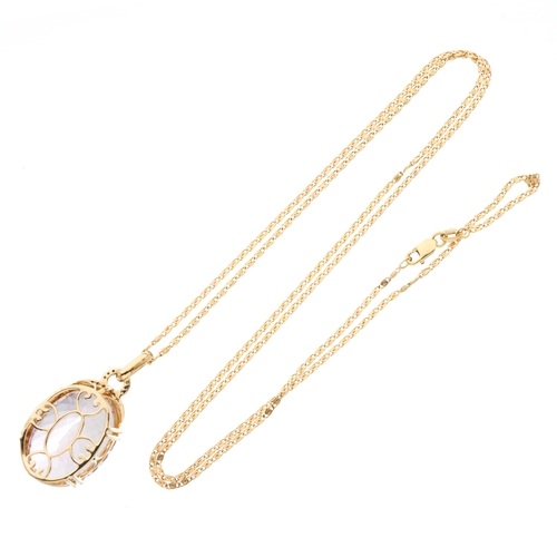 185 - A 14ct gold kunzite single-stone pendant, with brilliant-cut diamond surmount, suspended from a fanc... 