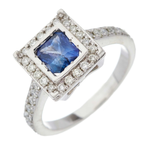 194 - A fancy-shape sapphire and brilliant-cut diamond cluster dress ring, with similarly-cut diamond line... 