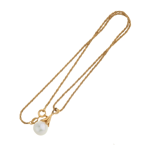 196 - An 18ct gold cultured pearl pendant, with brilliant-cut diamond accent cap and similarly-cut diamond... 