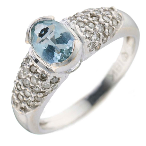 200 - An 18ct gold oval-shape aquamarine and single-cut diamond dress ring, with pave-set diamond tapered ... 