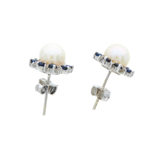 201 - A pair of 14ct gold cultured pearl, sapphire and single-cut diamond cluster stud earrings, pearls me... 