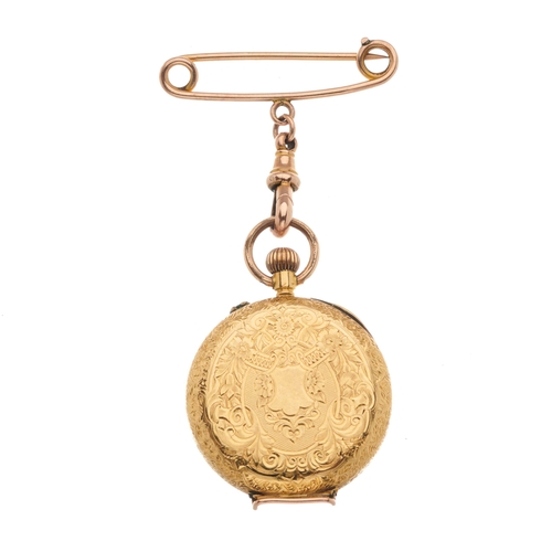 218 - A late 19th century 18ct gold fob watch, enamel dial and engraved reverse, keyless manual wind movem... 