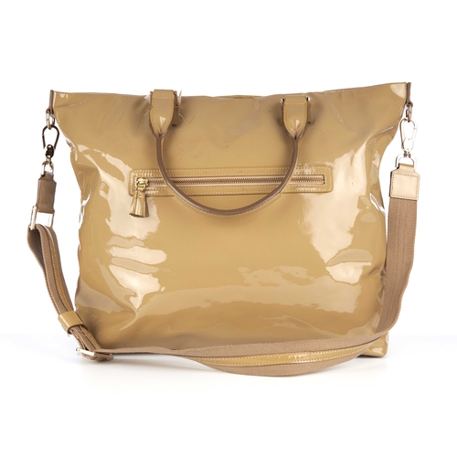 267 - Anya Hindmarch, a beige patent leather handbag, featuring gold-tone hardware, studded bow logo embel... 