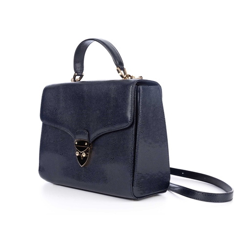 270 - Aspinal of London, a Mayfair handbag, crafted from dark blue lizard embossed leather, with polished ... 