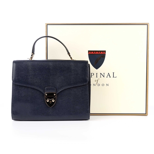 270 - Aspinal of London, a Mayfair handbag, crafted from dark blue lizard embossed leather, with polished ... 