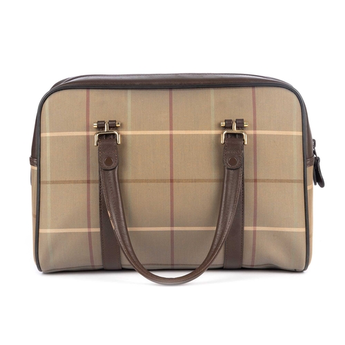 285 - Burberry, a vintage Boston bag, designed with a green check canvas exterior and brown leather trim, ... 