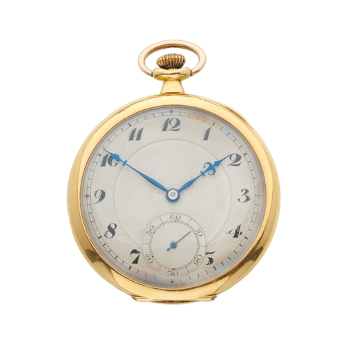 38 - An Art Deco 18ct gold open face pocket watch, keyless manual wind movement and inner 18ct gold dust ... 