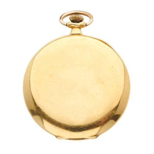 38 - An Art Deco 18ct gold open face pocket watch, keyless manual wind movement and inner 18ct gold dust ... 