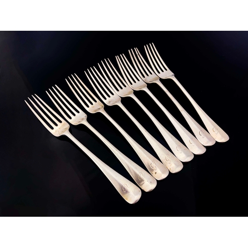 108 - A matched set of eight George V silver dessert forks, Mappin and Webb, London 1918 and 1919, Hanover... 