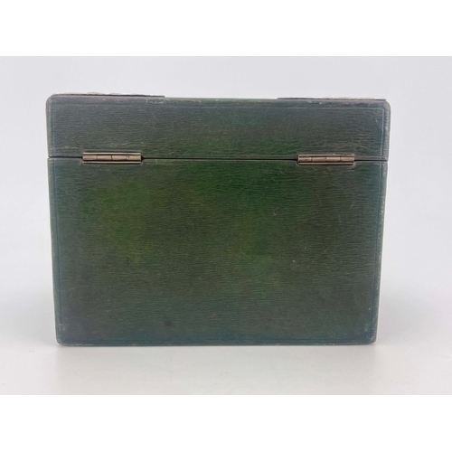 123 - A Victorian silver mounted green leather stationary box, William Comyns & Sons, London 1891, half do... 